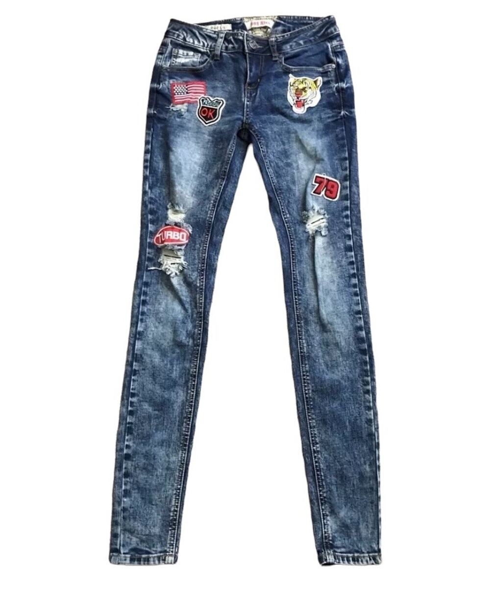 Hot Kiss Skinny Lily Jeans Womens Size 0 Acid Washed Y2K Patched Blue 31” Inseam